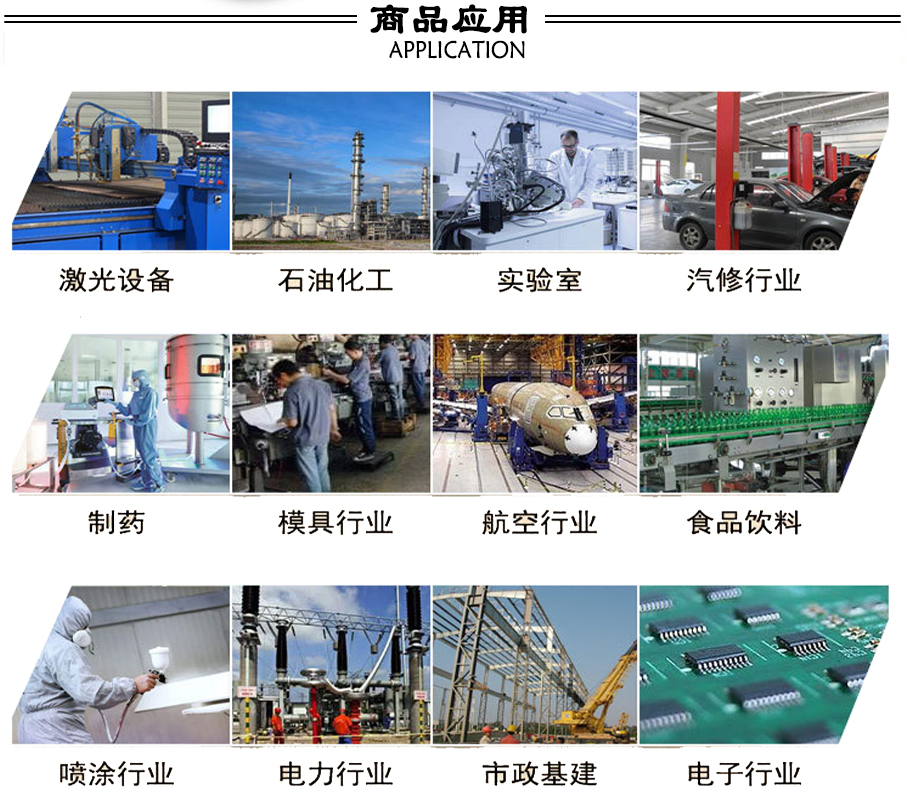 超能永磁变频空压机应用范围：激光设备行业,石油石化行业,实验室,汽修行业,制药行业,航空行业,食品饮料,喷涂行业,电力行业,市政基建,电子行业